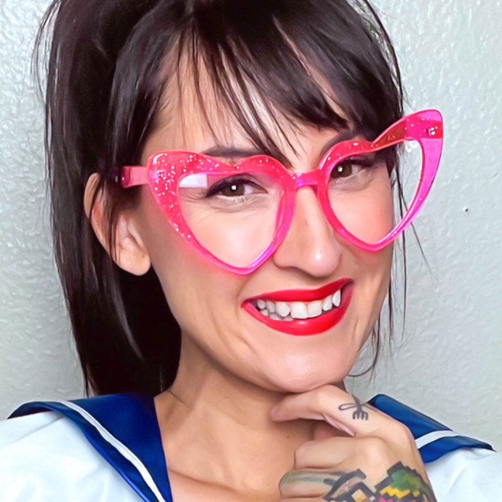 Hot Barbie translucent pink with silver glitter, oversized heart eyeglasses